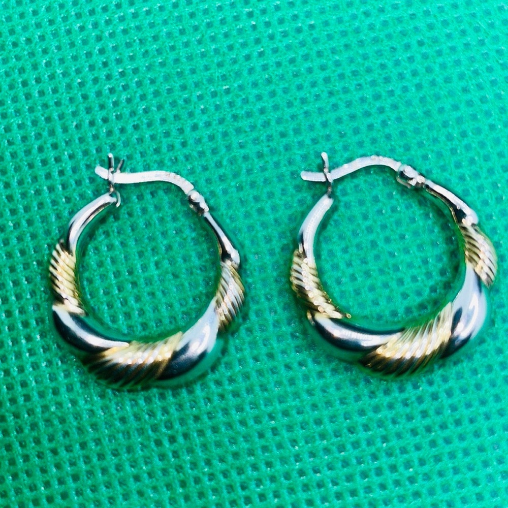 Sterling Silver 925 & Gold Plated Twisted Puffy Hoop Latch Back Earrings - Picture 4 of 4